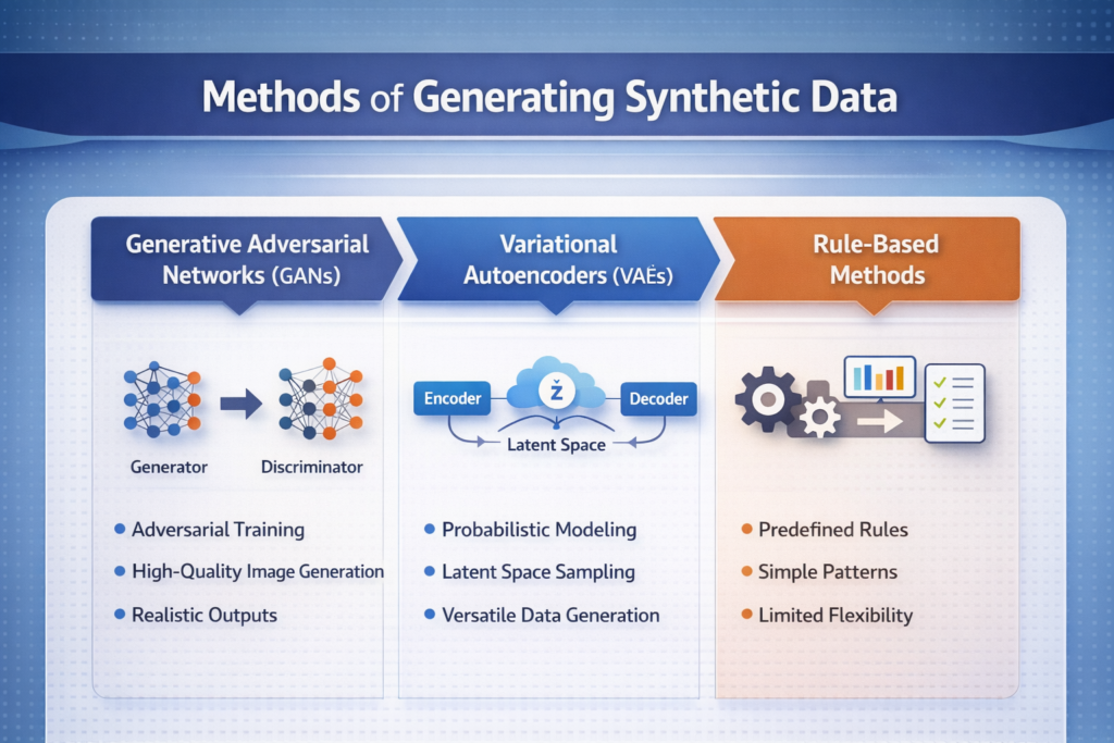 An infographic outlining the different options for the production of synthetic data: GANs, VAEs & Rules-Based Methods.