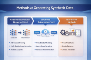 An infographic outlining the different options for the production of synthetic data: GANs, VAEs & Rules-Based Methods.